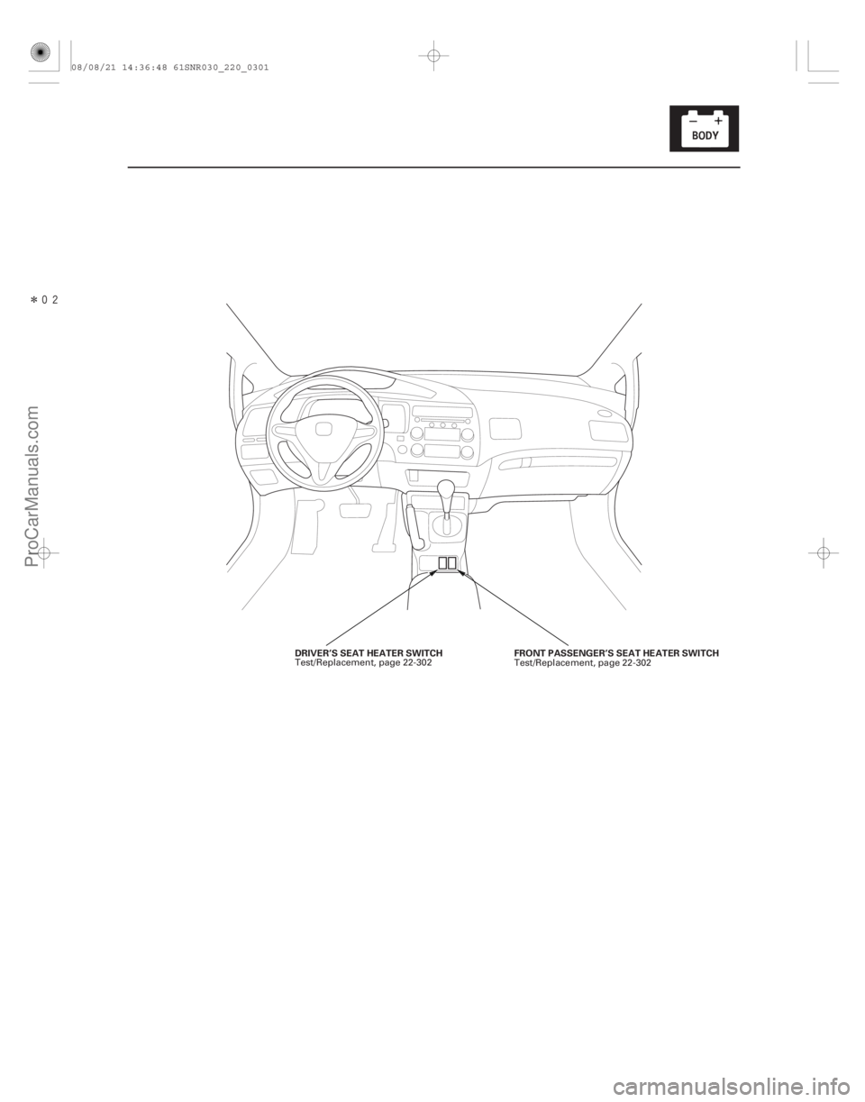 ACURA CSX 2006  Service Repair Manual Î
22-299
DRIVER’S SEAT HEATER SWITCHFRONT PASSENGER’S SEAT HEATER SWITCH
Test/Replacement, page 22-302 Test/Replacement, page 22-302
08/08/21 14:36:48 61SNR030_220_0301
ProCarManuals.com
DYN