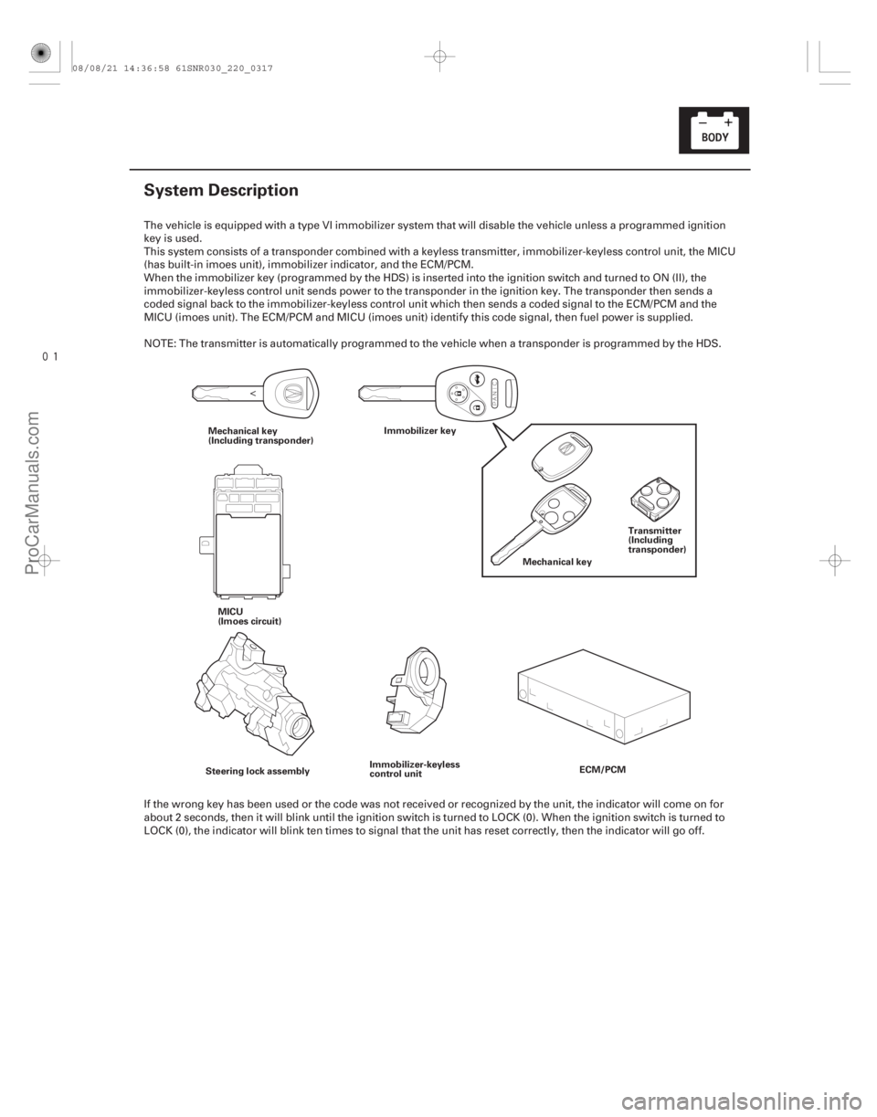 ACURA CSX 2006 Service Repair Manual
(#
)
22-315
System Description
Mechanical key
(Including transponder) Immobilizer key
MICU
(Imoes circuit) Mechanical key
Steering lock assembly Immob ACURA CSX 2006 Service Repair Manual
(#
)
22-315
System Description
Mechanical key
(Including transponder) Immobilizer key
MICU
(Imoes circuit) Mechanical key
Steering lock assembly Immob