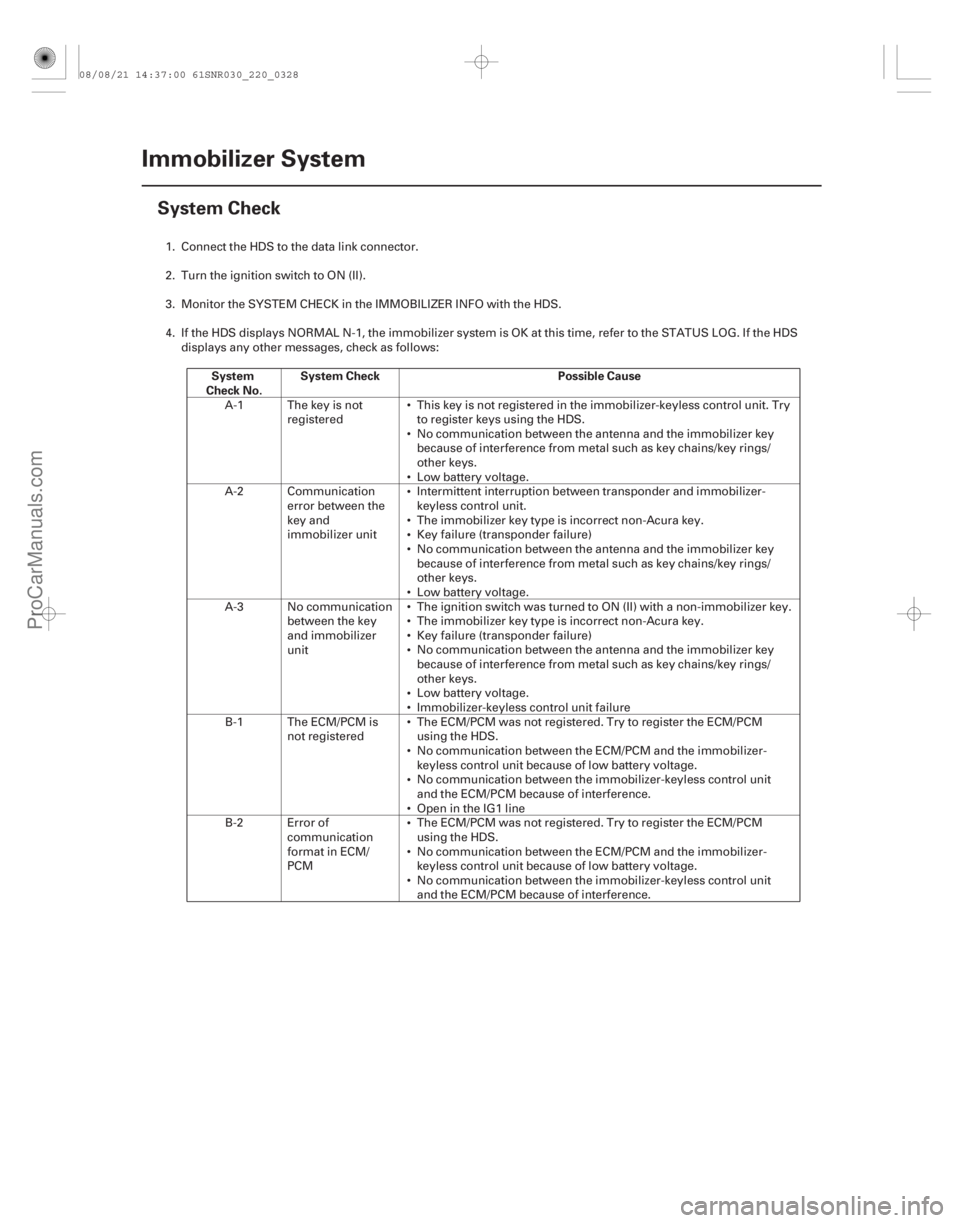 ACURA CSX 2006 Service Repair Manual (#
)
System
Check No. System Check Possible Cause
22-326Immobilizer System
System Check
1. Connect the HDS to the data link connector.
2. Turn the ignition ACURA CSX 2006 Service Repair Manual (#
)
System
Check No. System Check Possible Cause
22-326Immobilizer System
System Check
1. Connect the HDS to the data link connector.
2. Turn the ignition