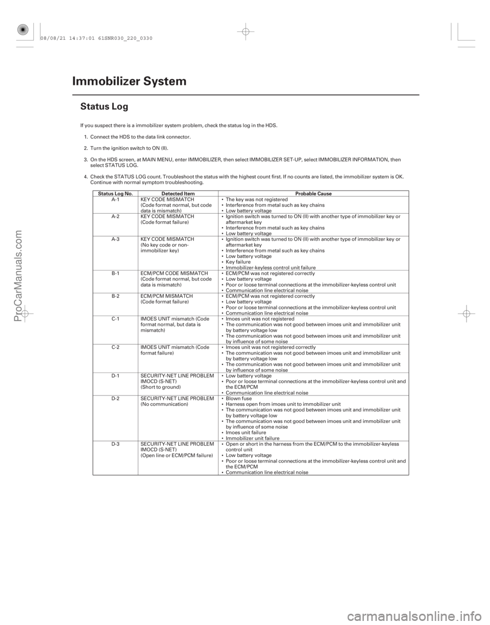 ACURA CSX 2006 Service Repair Manual (#
)
Status Log No.Detected Item Probable Cause
22-328Immobilizer System
Status Log
If you suspect there is a immobilizer system problem, check the status ACURA CSX 2006 Service Repair Manual (#
)
Status Log No.Detected Item Probable Cause
22-328Immobilizer System
Status Log
If you suspect there is a immobilizer system problem, check the status