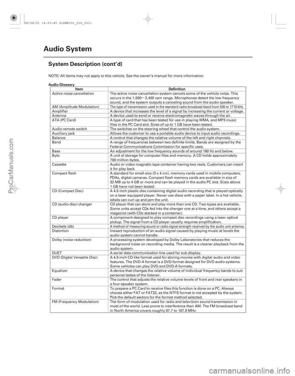ACURA CSX 2006 Service Repair Manual µ
Audio Glossary
Item Definition
23-8Audio System
System Description (cont’d)
NOTE: All items may not apply to this vehicle. See the owner’s manual for more information.
Active noise cancellatio ACURA CSX 2006 Service Repair Manual µ
Audio Glossary
Item Definition
23-8Audio System
System Description (cont’d)
NOTE: All items may not apply to this vehicle. See the owner’s manual for more information.
Active noise cancellatio