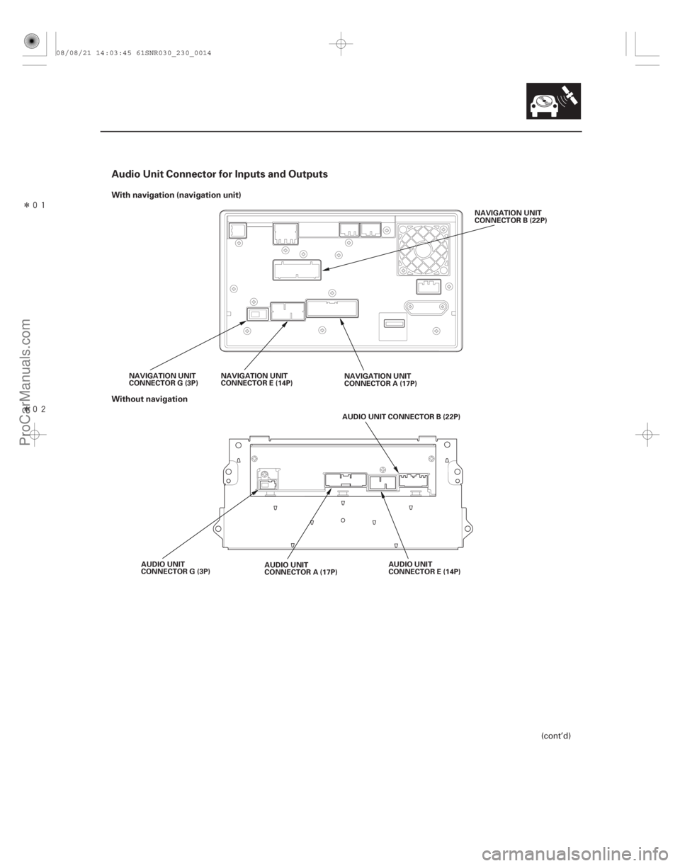 ACURA CSX 2006  Service Repair Manual Î
Î
Audio Unit Connector for Inputs and Outputs
With navigation (navigation unit)
Without navigation
23-11
NAVIGATION UNIT
CONNECTOR B (22P)
NAVIGATION UNIT
CONNECTOR A (17P)
NAVIGATION UN