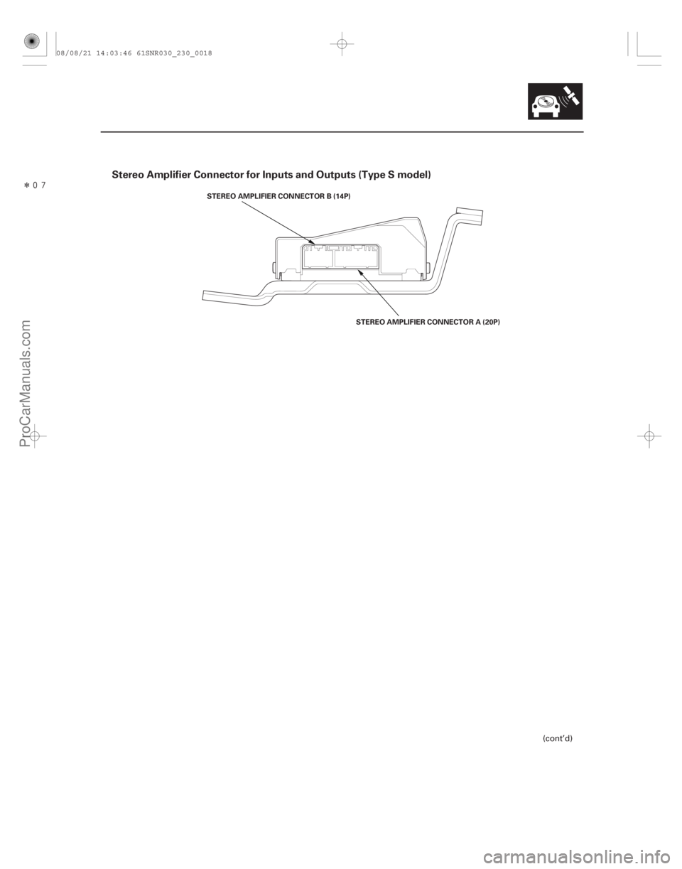 ACURA CSX 2006  Service Repair Manual Î
Stereo Amplifier Connector for Inputs and Outputs (Type S model)
23-15
STEREO AMPLIFIER CONNECTOR B (14P)STEREO AMPLIFIER CONNECTOR A (20P)
(cont’d)
08/08/21 14:03:46 61SNR030_230_0018
ProCa
