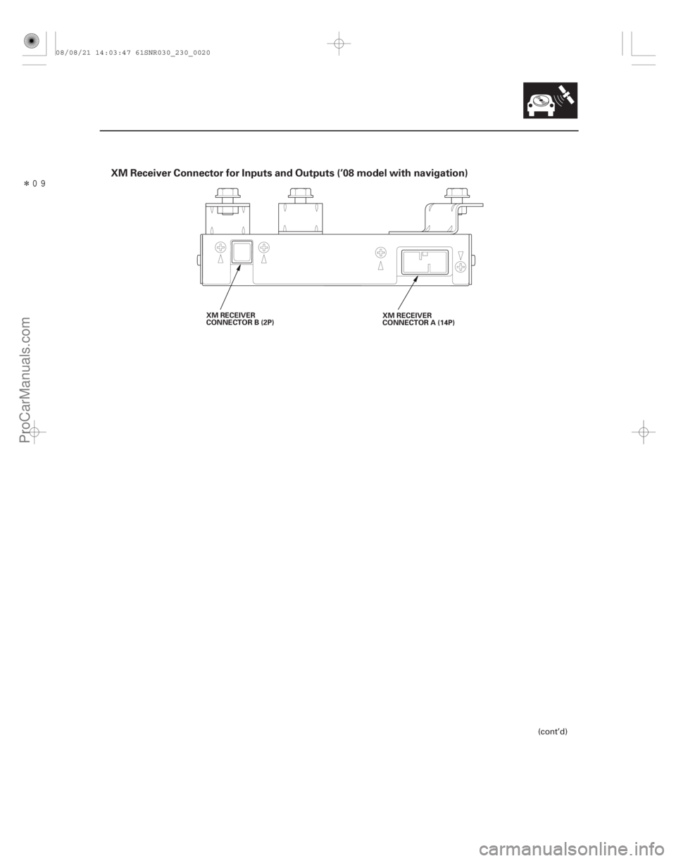 ACURA CSX 2006  Service Repair Manual Î
XM Receiver Connector for Inputs and Outputs (’08 model with navigation)
23-17
XM RECEIVER
CONNECTOR B (2P)XM RECEIVER
CONNECTOR A (14P)
(cont’d)
08/08/21 14:03:47 61SNR030_230_0020
ProCar
