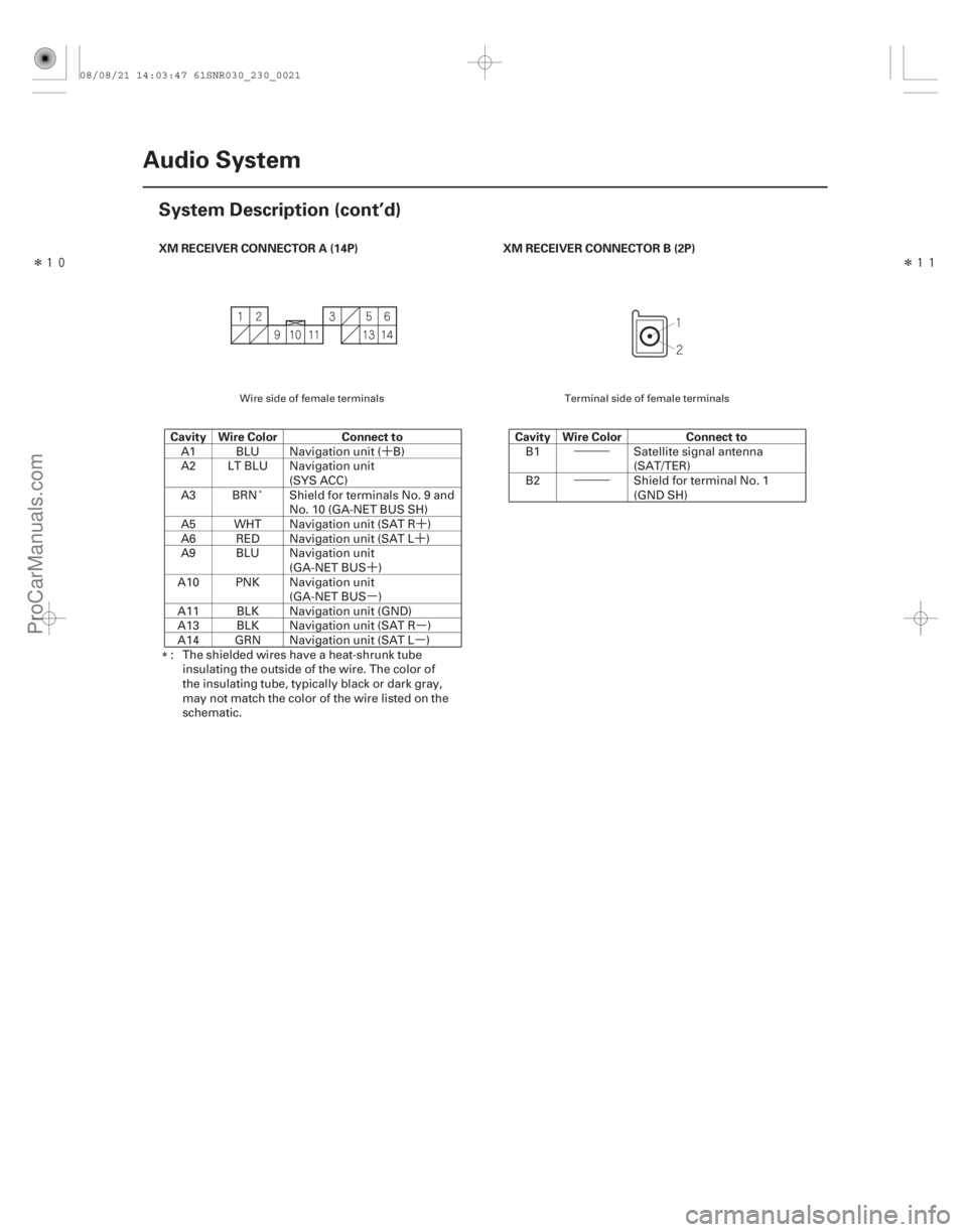 ACURA CSX 2006  Service Repair Manual ´´
´
´
µ µ
µ•••
•••
Î

Î

XM RECEIVER CONNECTOR A (14P)
Cavity Wire Color Connect to XM RECEIVER CONNECTOR B (2P)
Cavity Wire Color Connect to
23-18Audio Syst