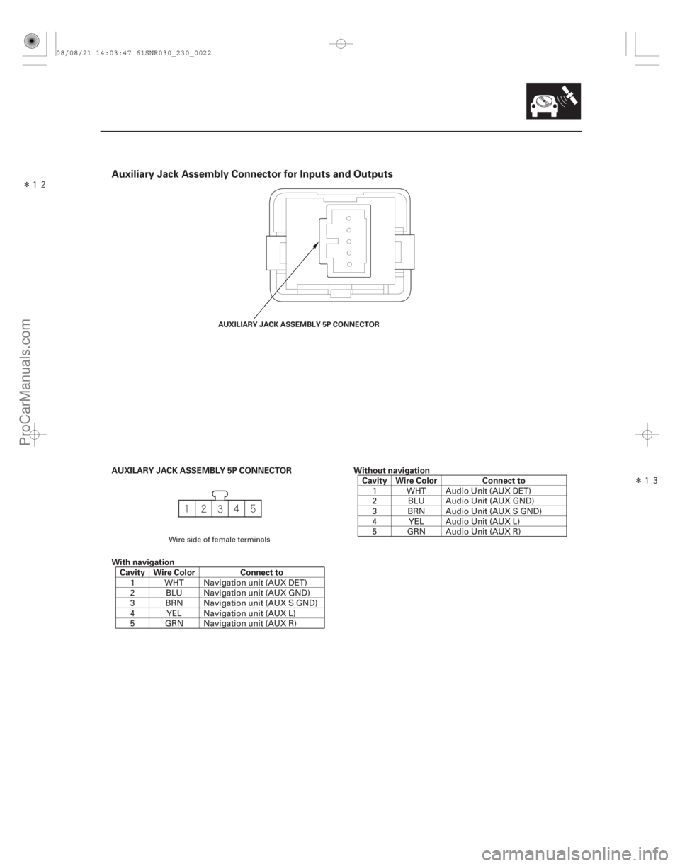 ACURA CSX 2006  Service Repair Manual Î
Î

Auxiliary Jack Assembly Connector for Inputs and Outputs
AUXILARY JACK ASSEMBLY 5P CONNECTOR
With navigationCavity Wire Color Connect to Without navigation
Cavity Wire Color Connect to
