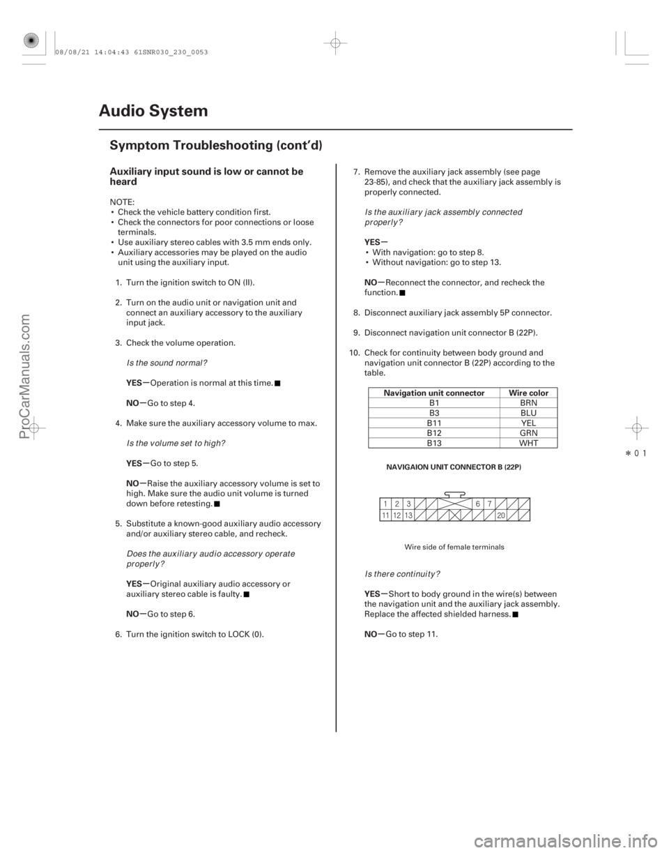 ACURA CSX 2006  Service Repair Manual Î
(# 
)

µ
µ
µ
µ
µ
µ µ
µ
µ
µ
Auxiliary input sound is low or cannot be
heard
YES
NO
YES
NO
YES
NO YES
NO
Navigation unit connector
