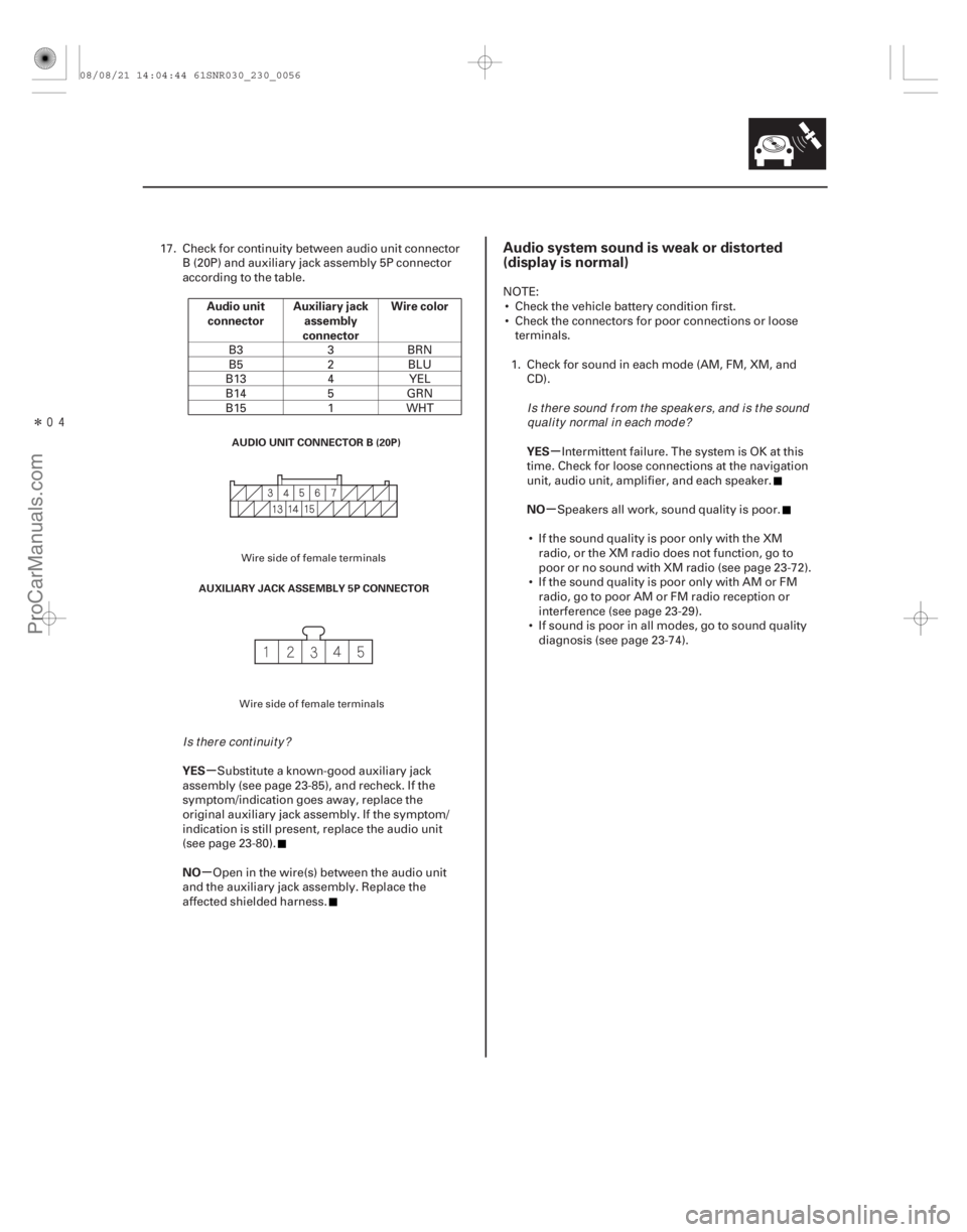 ACURA CSX 2006  Service Repair Manual Î
(# 
)

µ
µ µ
µ
Audio unit
connector Auxiliary jack
assembly
connector Wire color
YES
NO YES
NO
Audio system sound is weak or distorted
(disp