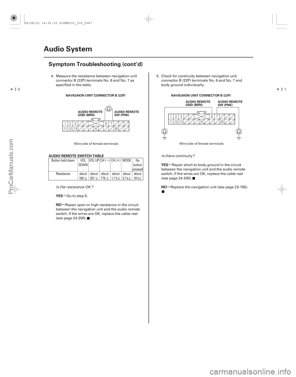 ACURA CSX 2006  Service Repair Manual µ´
ÎÎ
µ
µ µ
µ
AUDIO REMOTE SWITCH TABLE
YES
NO YES
NO
23-64Audio System
Symptom Troubleshooting (cont’d)
NAVIGAION UNIT CONNECTOR B (22P)
AUDIO REMOTE
GND (BRN) AUDIO REMOTE
