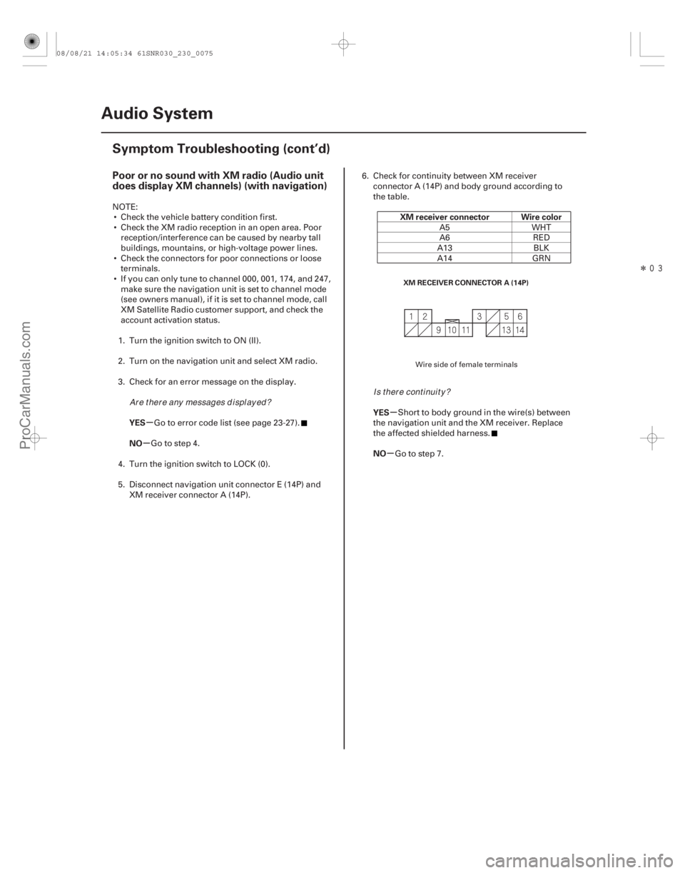 ACURA CSX 2006  Service Repair Manual Î
(##
)
µ
µ µ
µ
Poor or no sound with XM radio (Audio unit
does display XM channels) (with navigation)
YES
NO XM receiver connector Wire colo