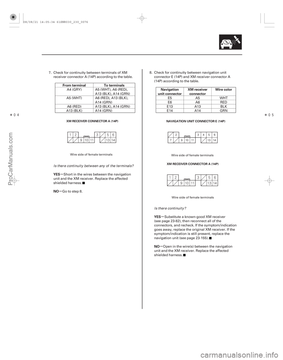 ACURA CSX 2006  Service Repair Manual ÎÎ
µ
µ
µ
µ
From terminal To terminals
YES
NO Navigation
unit connector XM receiver
connector Wire color
YES
NO
23-73
XM RECEIVER CONNECTOR A (14P) XM RECEIVER CONNECTOR A (14P)
NAV