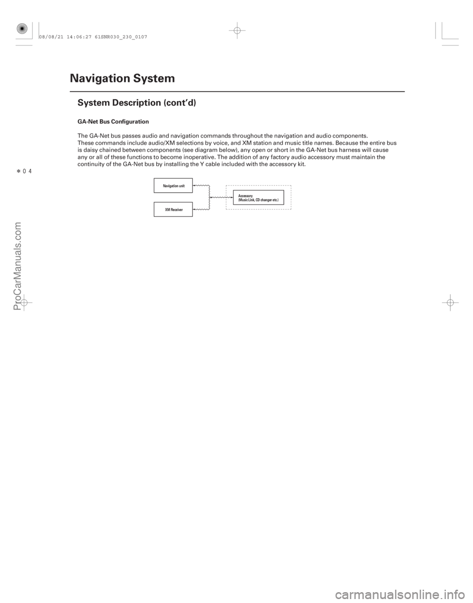 ACURA CSX 2006  Service Repair Manual ÎGA-Net Bus Configuration
23-104Navigation System
System Description (cont’d)
Navigation unit
XM Receiver Accessory
(Music Link, CD changer etc.)
The GA-Net bus passes audio and navigation com