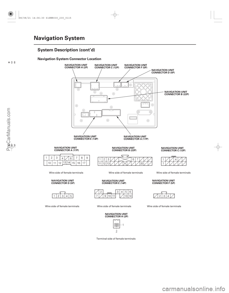 ACURA CSX 2006  Service Repair Manual Î
Î
Navigation System Connector Location
23-112Navigation System
System Description (cont’d)
NAVIGATION UNIT
CONNECTOR B (22P)
NAVIGATION UNIT
CONNECTOR H (2P)
NAVIGATION UNIT
CONNECTOR 