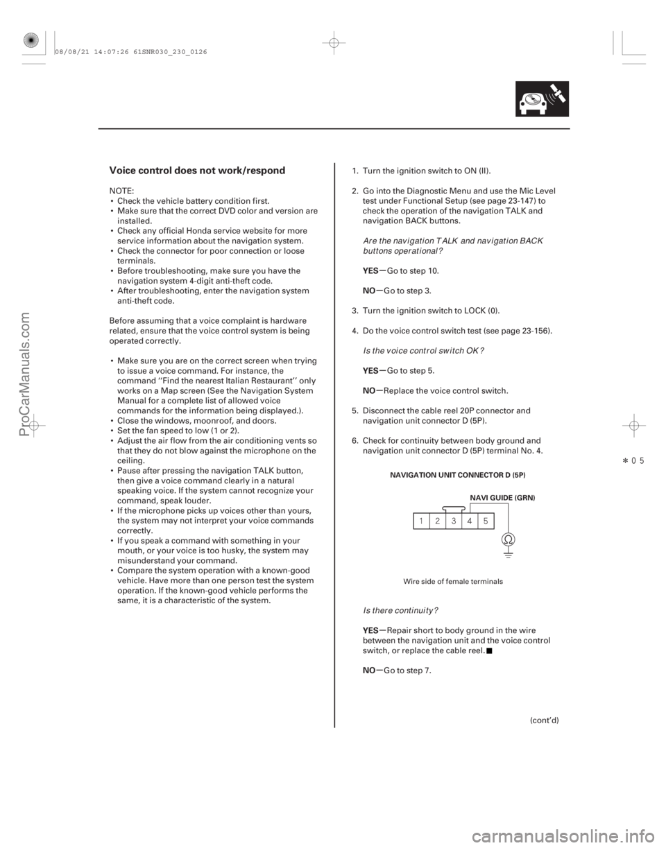 ACURA CSX 2006 Service Repair Manual Î
(##
)
µ
µ
µ
µ
µ
µ
Voice control does not work/respond
YES
NO
YES
NO
YES
NO
23-123
NAVIGATION UNIT CONNECTOR D (5P) NAVI GUIDE (GRN)
NOT ACURA CSX 2006 Service Repair Manual Î
(##
)
µ
µ
µ
µ
µ
µ
Voice control does not work/respond
YES
NO
YES
NO
YES
NO
23-123
NAVIGATION UNIT CONNECTOR D (5P) NAVI GUIDE (GRN)
NOT
