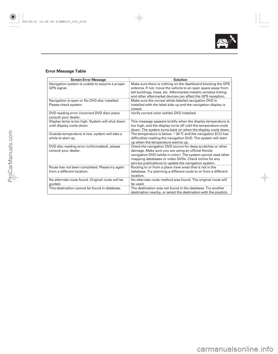ACURA CSX 2006  Service Repair Manual µ
Error Message Table
Screen Error MessageSolution
23-153
Navigation system is unable to acquire a proper
GPS signal.Make sure there is nothing on the dashboard blocking the GPS
antenna. If not, mov