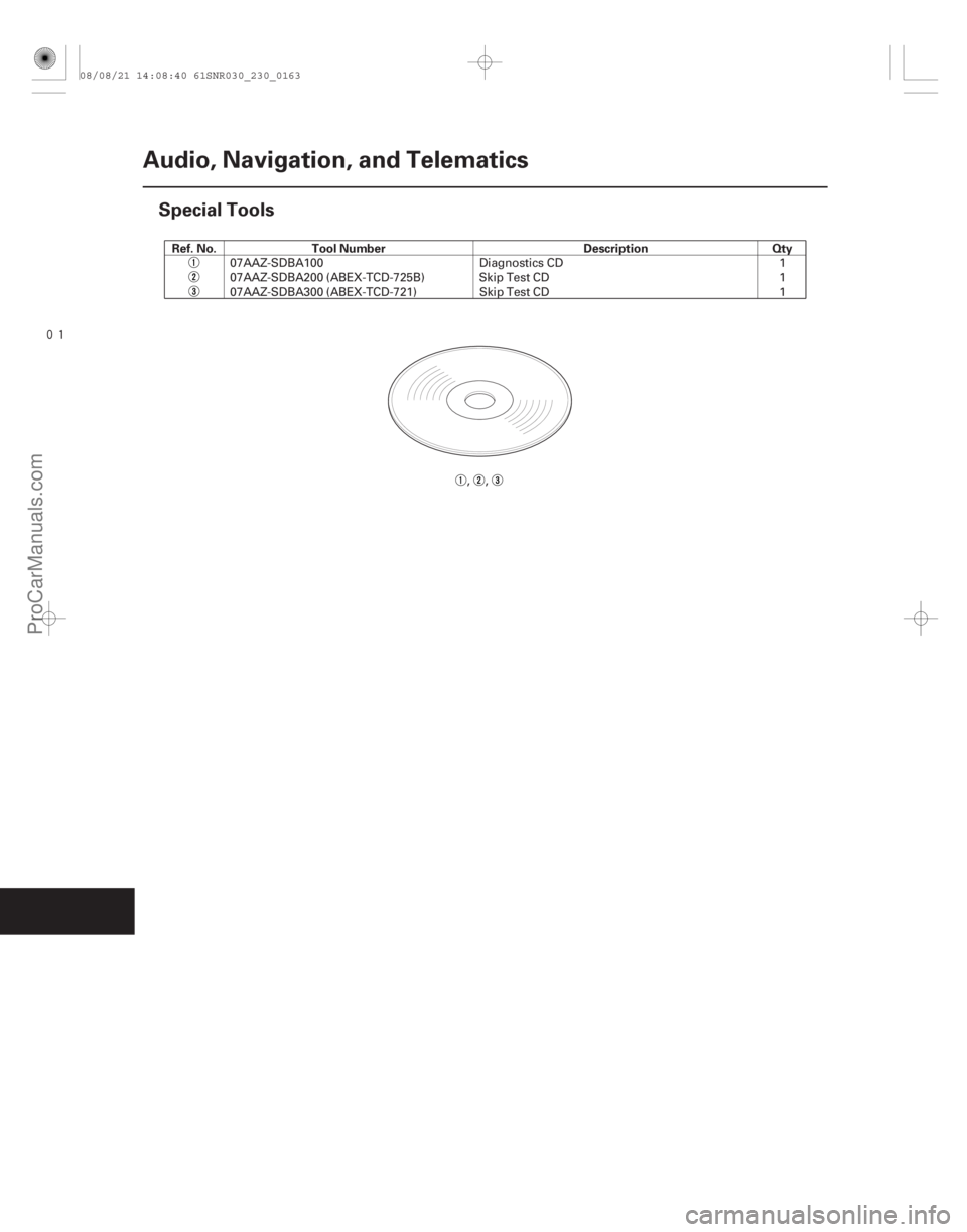 ACURA CSX 2006  Service Repair Manual 
(#%)Ref. No. Tool Number Description Qty
23-160
Audio, Navigation, and Telematics
Special Tools
07AAZ-SDBA100
Diagnostics CD 1
07AAZ-SDBA200 (ABEX-TCD