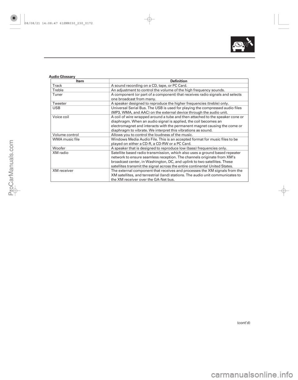 ACURA CSX 2006 Service Repair Manual Audio GlossaryItem Definition
23-169
Track A sound recording on a CD, tape, or PC Card.
Treble An adjustment to control the volume of the high frequency sounds.
Tuner A component (or part of a compone ACURA CSX 2006 Service Repair Manual Audio GlossaryItem Definition
23-169
Track A sound recording on a CD, tape, or PC Card.
Treble An adjustment to control the volume of the high frequency sounds.
Tuner A component (or part of a compone