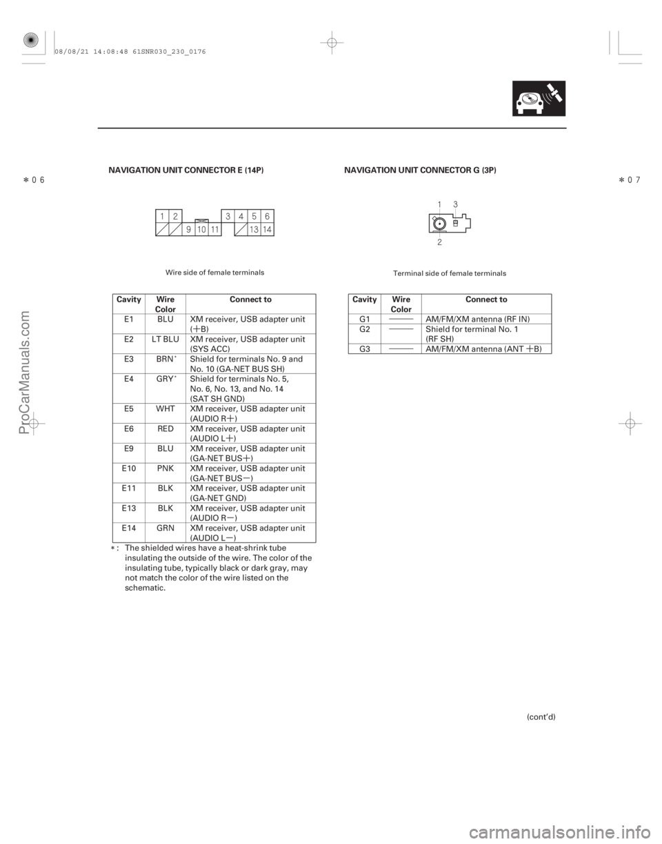 ACURA CSX 2006 Service Repair Manual ´´
´ ´
µ
µ
µ
•••
•••
••• ´
Î
Î
NAVIGATION UNIT CONNECTOR E (14P)
Cavity Wire Color Connect to NAVIGATION UNIT CONNECTOR G (3P)
Cavity Wire Color ACURA CSX 2006 Service Repair Manual ´´
´ ´
µ
µ
µ
•••
•••
••• ´
Î
Î
NAVIGATION UNIT CONNECTOR E (14P)
Cavity Wire Color Connect to NAVIGATION UNIT CONNECTOR G (3P)
Cavity Wire Color