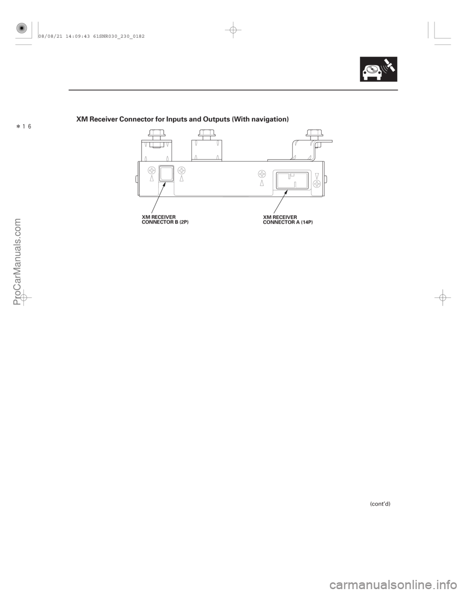 ACURA CSX 2006  Service Repair Manual Î

XM Receiver Connector for Inputs and Outputs (With navigation)
23-179
XM RECEIVER
CONNECTOR B (2P)XM RECEIVER
CONNECTOR A (14P)
(cont’d)
08/08/21 14:09:43 61SNR030_230_0182
ProCarManuals.com