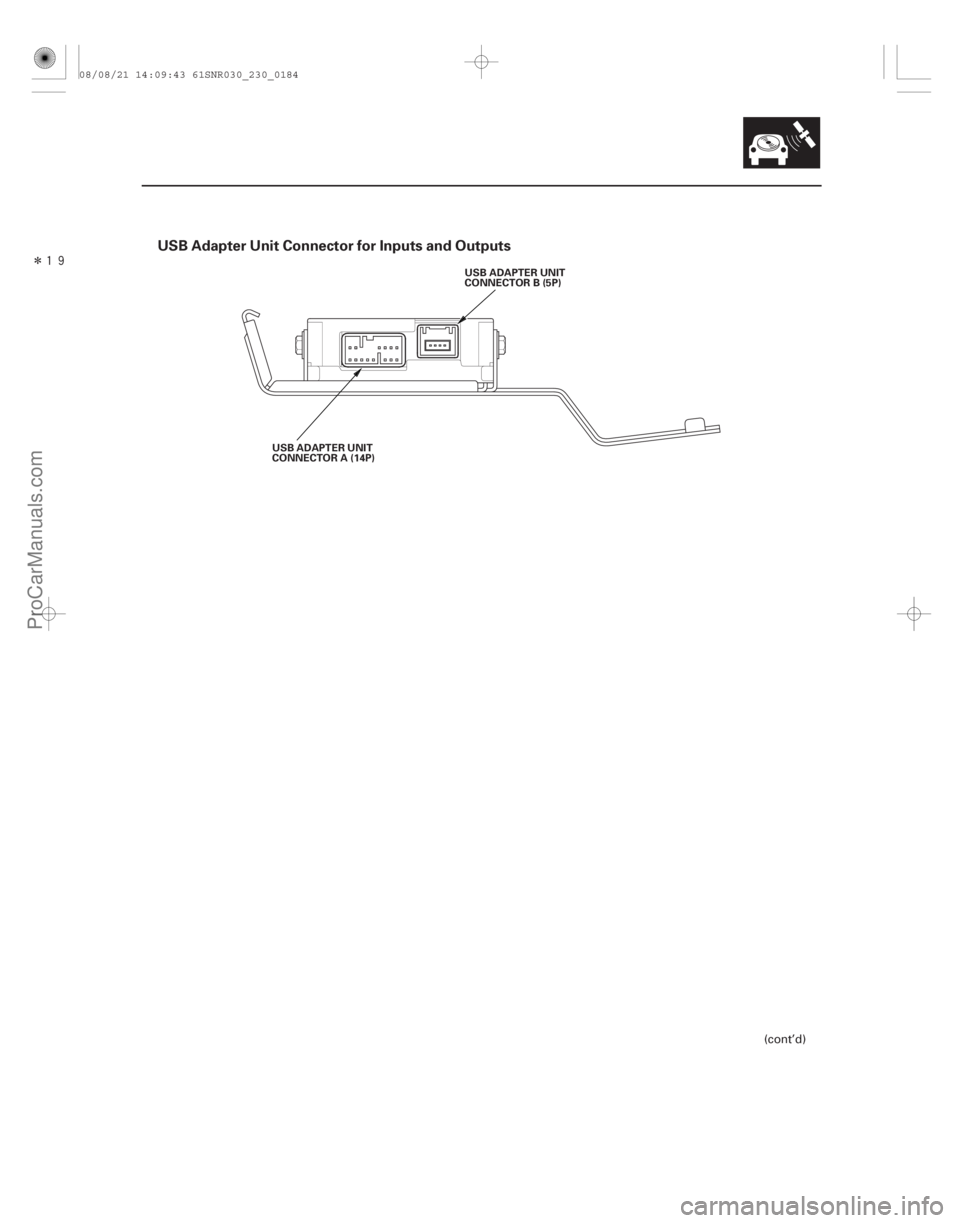 ACURA CSX 2006  Service Repair Manual Î

USB Adapter Unit Connector for Inputs and Outputs
23-181
USB ADAPTER UNIT
CONNECTOR A (14P)USB ADAPTER UNIT
CONNECTOR B (5P)
(cont’d)
08/08/21 14:09:43 61SNR030_230_0184
ProCarManuals.com
DY