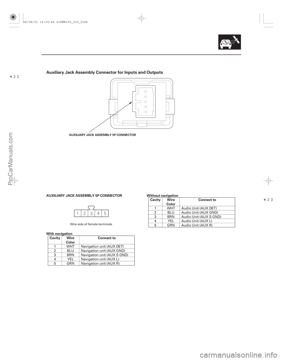 ACURA CSX 2006  Service Repair Manual ÎÎ
Auxiliary Jack Assembly Connector for Inputs and Outputs
AUXILIARY JACK ASSEMBLY 5P CONNECTOR
With navigationCavity Wire Color Connect to Without navigation
Cavity Wire Color Connect to