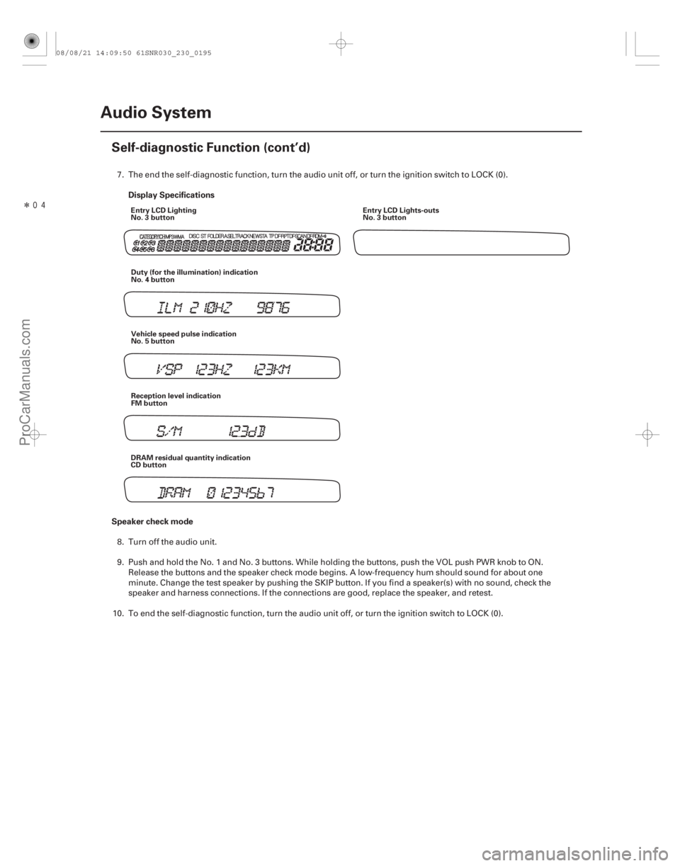 ACURA CSX 2006 Service Repair Manual Î
Display Specifications
Speaker check mode
23-192 Audio System
Self-diagnostic Function (cont’d)
Entry LCD Lighting
No. 3 button
Entry LCD Lights-outs
No. 3 button
Duty (for the illumination) ACURA CSX 2006 Service Repair Manual Î
Display Specifications
Speaker check mode
23-192 Audio System
Self-diagnostic Function (cont’d)
Entry LCD Lighting
No. 3 button
Entry LCD Lights-outs
No. 3 button
Duty (for the illumination)