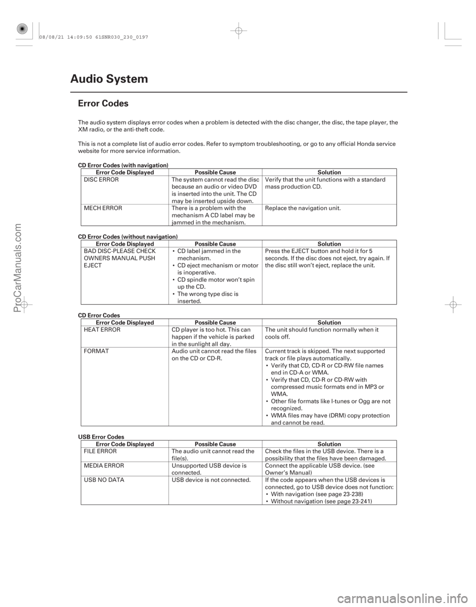 ACURA CSX 2006 Service Repair Manual (#
)
CD Error Codes (with navigation)Error Code Displayed Possible Cause Solution
CD Error Codes (without navigation) Error Code Displayed Possible Cause ACURA CSX 2006 Service Repair Manual (#
)
CD Error Codes (with navigation)Error Code Displayed Possible Cause Solution
CD Error Codes (without navigation) Error Code Displayed Possible Cause