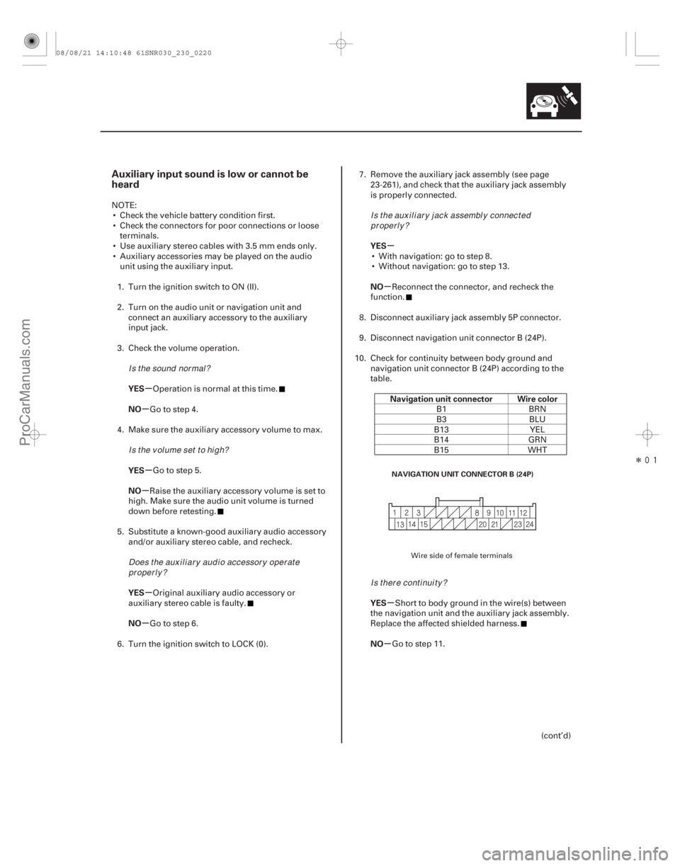 ACURA CSX 2006 Service Repair Manual Î
(#
)
µ
µ
µ
µ
µ
µ µ
µ
µ
µ
Auxiliary input sound is low or cannot be
heard
YES
NO
YES
NO
YES
NO YES
NO
Navigation unit connector ACURA CSX 2006 Service Repair Manual Î
(#
)
µ
µ
µ
µ
µ
µ µ
µ
µ
µ
Auxiliary input sound is low or cannot be
heard
YES
NO
YES
NO
YES
NO YES
NO
Navigation unit connector