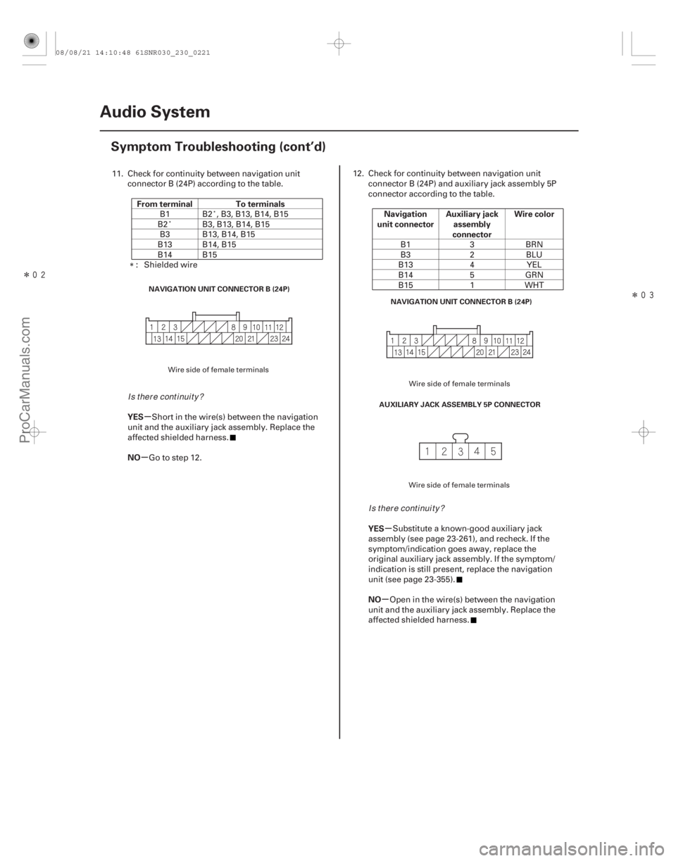ACURA CSX 2006 Service Repair Manual Î
Î
µ
µ
µ
µ
From terminal To terminals
YES
NO Navigation
unit connector Auxiliary jack
assembly
connector Wire color
YES
NO
23-218 Audio System
Symptom Troubleshooting (cont’d)
NA ACURA CSX 2006 Service Repair Manual Î
Î
µ
µ
µ
µ
From terminal To terminals
YES
NO Navigation
unit connector Auxiliary jack
assembly
connector Wire color
YES
NO
23-218 Audio System
Symptom Troubleshooting (cont’d)
NA