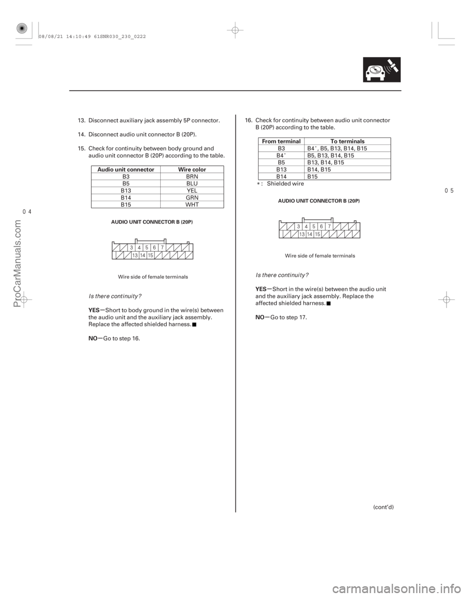 ACURA CSX 2006 Service Repair Manual
µ
µ µ
µ
Audio unit connector Wire color
YES
NO From terminal To terminals
YES
NO
23-219
AUDIO UNIT CONNECTOR B (20P) AUDIO UNIT CONNECTOR B (20P)
13. Disconnect aux
iliary jack assemb ACURA CSX 2006 Service Repair Manual
µ
µ µ
µ
Audio unit connector Wire color
YES
NO From terminal To terminals
YES
NO
23-219
AUDIO UNIT CONNECTOR B (20P) AUDIO UNIT CONNECTOR B (20P)
13. Disconnect aux
iliary jack assemb