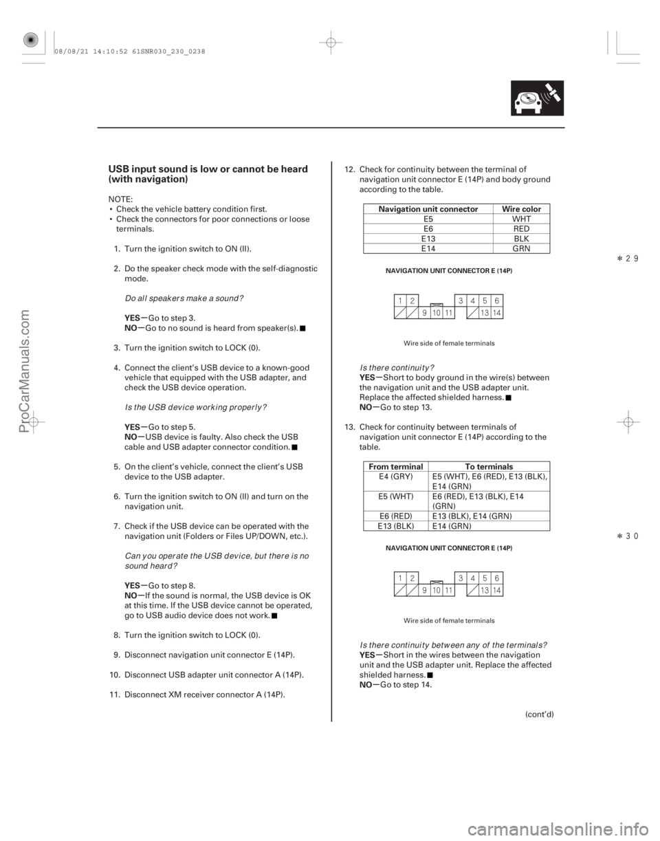 ACURA CSX 2006  Service Repair Manual Î
Î
(##
)
µ
µ
µ
µ
µ
µ µ
µ
µ
µ
USB input sound is low or cannot be heard
(with navigation)
YES
NO
YES
NO
YES
NO Navigation u