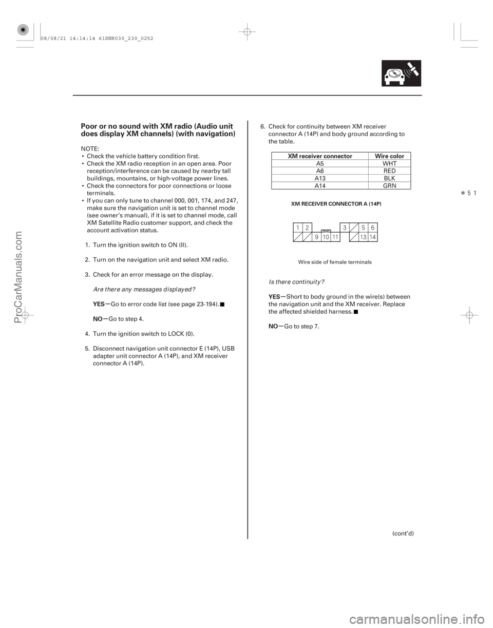 ACURA CSX 2006  Service Repair Manual Î
(##
)
µ
µ µ
µ
Poor or no sound with XM radio (Audio unit
does display XM channels) (with navigation)
YES
NO XM receiver connector Wire colo
