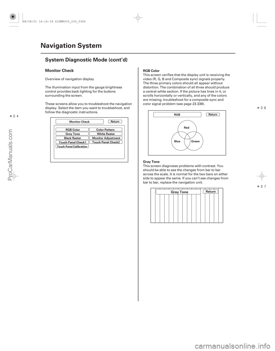ACURA CSX 2006 Service Repair Manual Î
Î
Î
Monitor CheckRGB Color
Gray Tone
23-302Navigation System
System Diagnostic Mode (cont’d)
Return
Touch Panel Calibration ReturnMonitor Check
RGB Color
Gray Tone Color Pattern
W ACURA CSX 2006 Service Repair Manual Î
Î
Î
Monitor CheckRGB Color
Gray Tone
23-302Navigation System
System Diagnostic Mode (cont’d)
Return
Touch Panel Calibration ReturnMonitor Check
RGB Color
Gray Tone Color Pattern
W