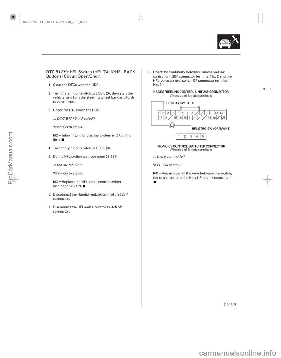 ACURA CSX 2006 Service Repair Manual Î
(##
.
)
µ
µ
µ
µ µ
µ
DTC B1779:
YES
NO
YES
NO YES
NO
23-379
HFL-VOICE CONTROL SWITCH 5P CONNECTORHFL STRG SW (ORN/WHT)
HFL STRG SW (BLU)
H ACURA CSX 2006 Service Repair Manual Î
(##
.
)
µ
µ
µ
µ µ
µ
DTC B1779:
YES
NO
YES
NO YES
NO
23-379
HFL-VOICE CONTROL SWITCH 5P CONNECTORHFL STRG SW (ORN/WHT)
HFL STRG SW (BLU)
H
