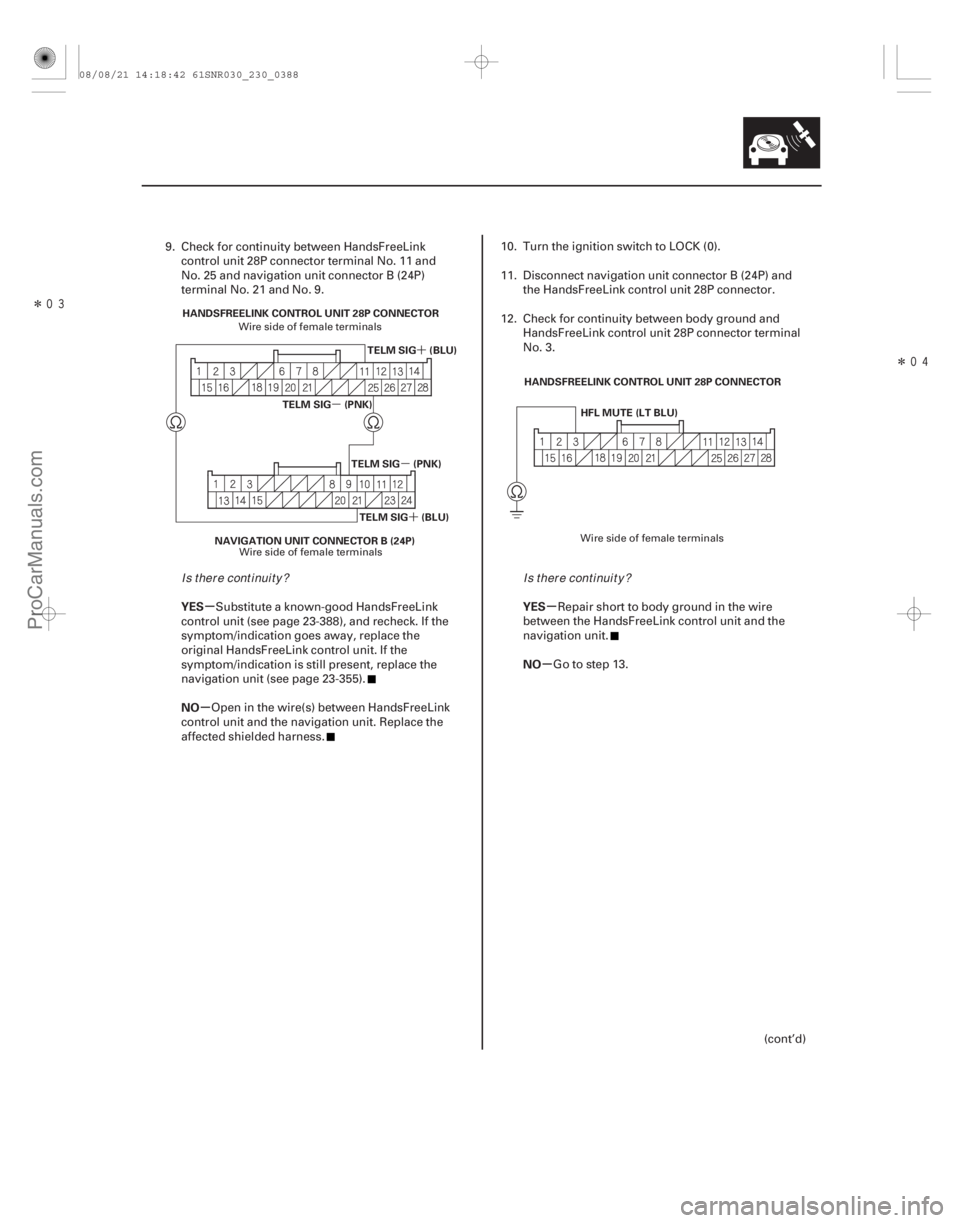 ACURA CSX 2006  Service Repair Manual ÎÎ
´
µ
´
µ
µ
µ µ
µ
YES
NO YES
NO
23-385
TELM SIG (BLU)
HANDSFREELINK CONTROL UNIT 28P CONNECTOR
TELM SIG (PNK)
TELM SIG (BLU)
TELM SIG (PNK)
NAVIGATION UNIT CONNECTOR B (24