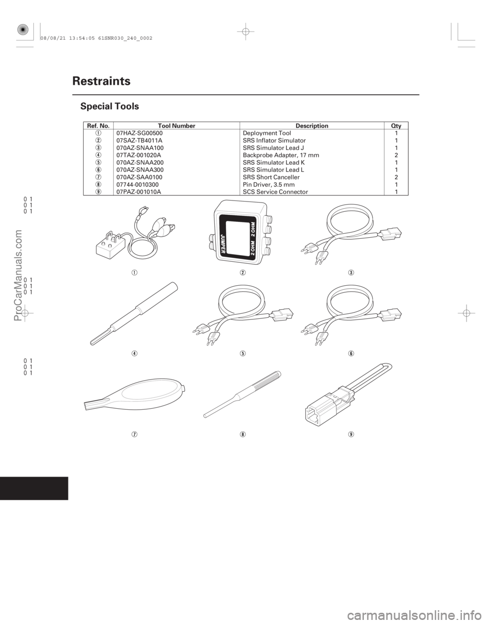 ACURA CSX 2006  Service Repair Manual 








(#
%)Ref. No. Tool Number Description Qty
24-2
Restraints
Special Tools
07HAZ-SG00500
DeploymentTool 1
07SAZ-TB