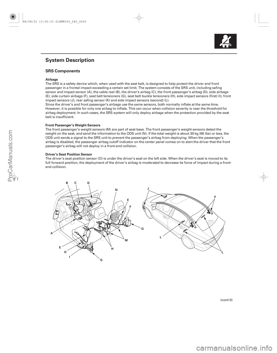 ACURA CSX 2006 Service Repair Manual
(#
)
SRS Components
Airbags
Front Passenger’s Weight Sensors
Driver’s Seat Position Sensor
24-35
System Description
AB
C
D
EF
M
E
I G J
F
L
L
G
H
ACURA CSX 2006 Service Repair Manual
(#
)
SRS Components
Airbags
Front Passenger’s Weight Sensors
Driver’s Seat Position Sensor
24-35
System Description
AB
C
D
EF
M
E
I G J
F
L
L
G
H
