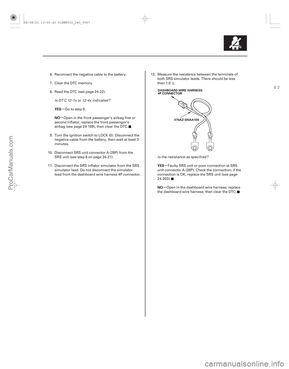 ACURA CSX 2006 Service Repair Manual
µ
µ
µ
µ
YES
NO
YES
NO
24-57
DASHBOARD WIRE HARNESS
4P CONNECTOR070AZ-SNAA100
6. Reconnect the negative cable to the battery.
7. Clear the DTC memory.
8. Read the DTC (see page 24-22).Go t ACURA CSX 2006 Service Repair Manual
µ
µ
µ
µ
YES
NO
YES
NO
24-57
DASHBOARD WIRE HARNESS
4P CONNECTOR070AZ-SNAA100
6. Reconnect the negative cable to the battery.
7. Clear the DTC memory.
8. Read the DTC (see page 24-22).Go t
