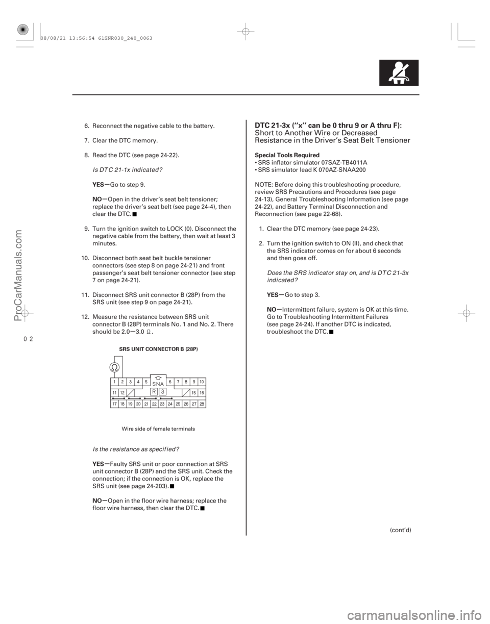 ACURA CSX 2006 Service Repair Manual µ
(#
-)
µ
µ
µ
µ µ
µ
YES
NO
YES
NO Special Tools Required
YES
NO
DTC 21-3x (‘‘x’’ can be 0 thru 9 or A thru F):
24-6324-63
SRS UN ACURA CSX 2006 Service Repair Manual µ
(#
-)
µ
µ
µ
µ µ
µ
YES
NO
YES
NO Special Tools Required
YES
NO
DTC 21-3x (‘‘x’’ can be 0 thru 9 or A thru F):
24-6324-63
SRS UN