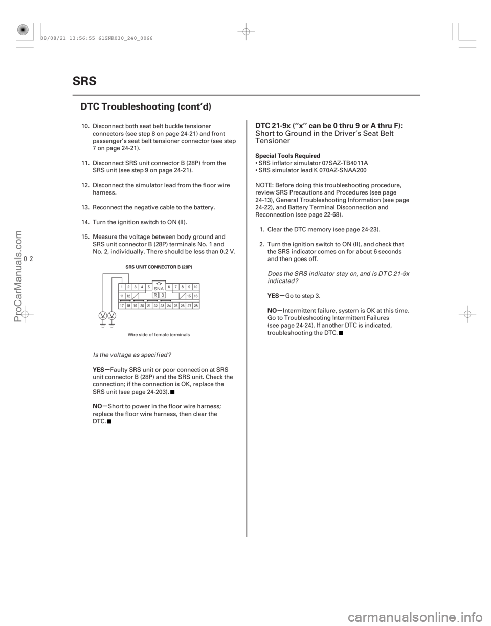 ACURA CSX 2006 Service Repair Manual
(#
-)
µ
µ µ
µ
YES
NO Special Tools Required
YES
NO
DTC 21-9x (‘‘x’’ can be 0 thru 9 or A thru F):
24-6624-66SRS
DTC Troubleshooting (c ACURA CSX 2006 Service Repair Manual
(#
-)
µ
µ µ
µ
YES
NO Special Tools Required
YES
NO
DTC 21-9x (‘‘x’’ can be 0 thru 9 or A thru F):
24-6624-66SRS
DTC Troubleshooting (c