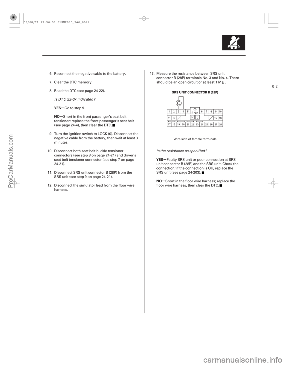 ACURA CSX 2006 Service Repair Manual
µ
µ
µ
µ
YES
NO
YES
NO
24-71
SRS UNIT CONNECTOR B (28P)
6. Reconnect the negative cable to the battery.
7. Clear the DTC memory.
8. Read the DTC (see page 24-22).Go to step 9.
Short in the ACURA CSX 2006 Service Repair Manual
µ
µ
µ
µ
YES
NO
YES
NO
24-71
SRS UNIT CONNECTOR B (28P)
6. Reconnect the negative cable to the battery.
7. Clear the DTC memory.
8. Read the DTC (see page 24-22).Go to step 9.
Short in the