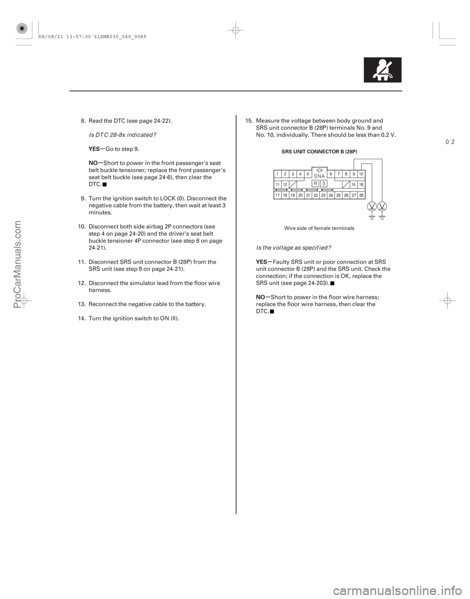 ACURA CSX 2006  Service Repair Manual 
µ
µ
µ
µ
YES
NO
YES
NO
24-89
SRS UNIT CONNECTOR B (28P)
8. Read the DTC (see page 24-22).Go to step 9.
Short to power in the front passenger’s seat
belt buckle tensioner; replace the fro