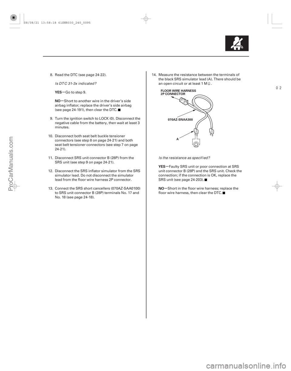 ACURA CSX 2006  Service Repair Manual 
µ
µ
µ
µ
YES
NO
YES
NO
24-95
FLOOR WIRE HARNESS
2P CONNECTOR070AZ-SNAA300 A
8. Read the DTC (see page 24-22). Go to step 9.
Short to another wire in the driver’s side
airbag inflator; re