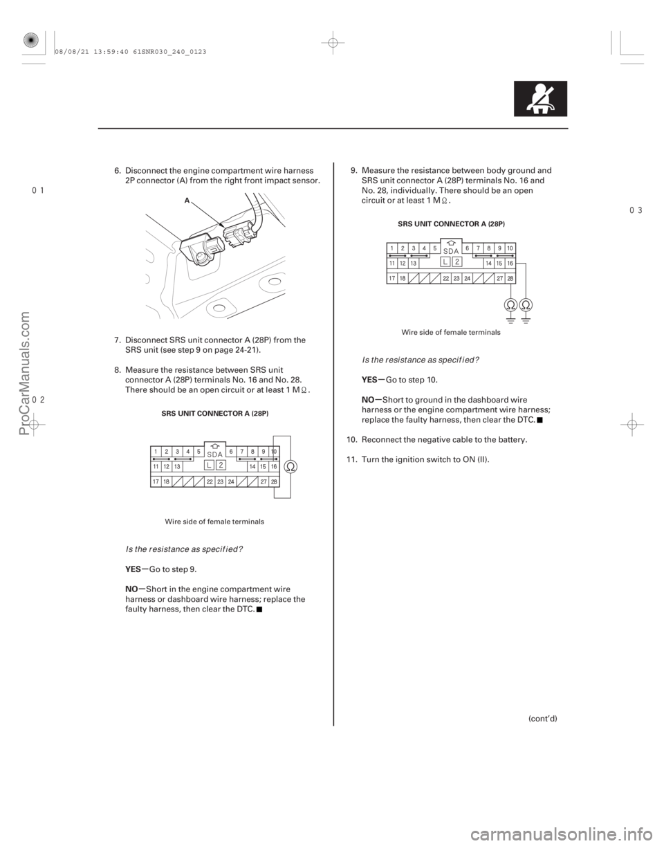 ACURA CSX 2006 Service Repair Manual
µ
µ µ
µ
YES
NO YES
NO
24-123
A
SRS UNIT CONNECTOR A (28P) SRS UNIT CONNECTOR A (28P)
6. Disconnect the engine compartment wire harness
2P connector (A) from the right front impac ACURA CSX 2006 Service Repair Manual
µ
µ µ
µ
YES
NO YES
NO
24-123
A
SRS UNIT CONNECTOR A (28P) SRS UNIT CONNECTOR A (28P)
6. Disconnect the engine compartment wire harness
2P connector (A) from the right front impac