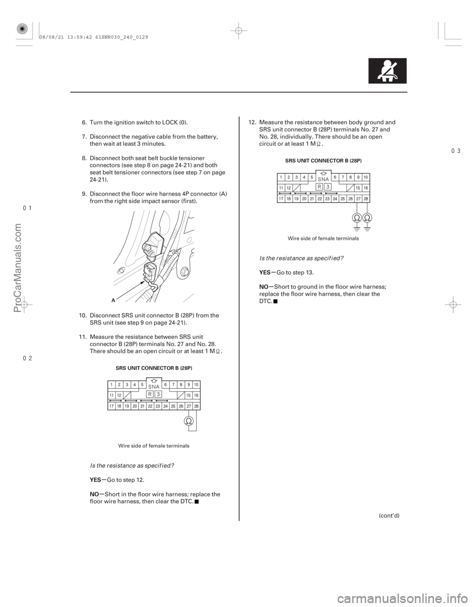 ACURA CSX 2006 Service Repair Manual
µ
µ µ
µ
YES
NO YES
NO
24-129
A
SRS UNIT CONNECTOR B (28P) SRS UNIT CONNECTOR B (28P)
6. Turn the ignition switch to LOCK (0).
7. Disconnect the negative cable from the battery,
t ACURA CSX 2006 Service Repair Manual
µ
µ µ
µ
YES
NO YES
NO
24-129
A
SRS UNIT CONNECTOR B (28P) SRS UNIT CONNECTOR B (28P)
6. Turn the ignition switch to LOCK (0).
7. Disconnect the negative cable from the battery,
t