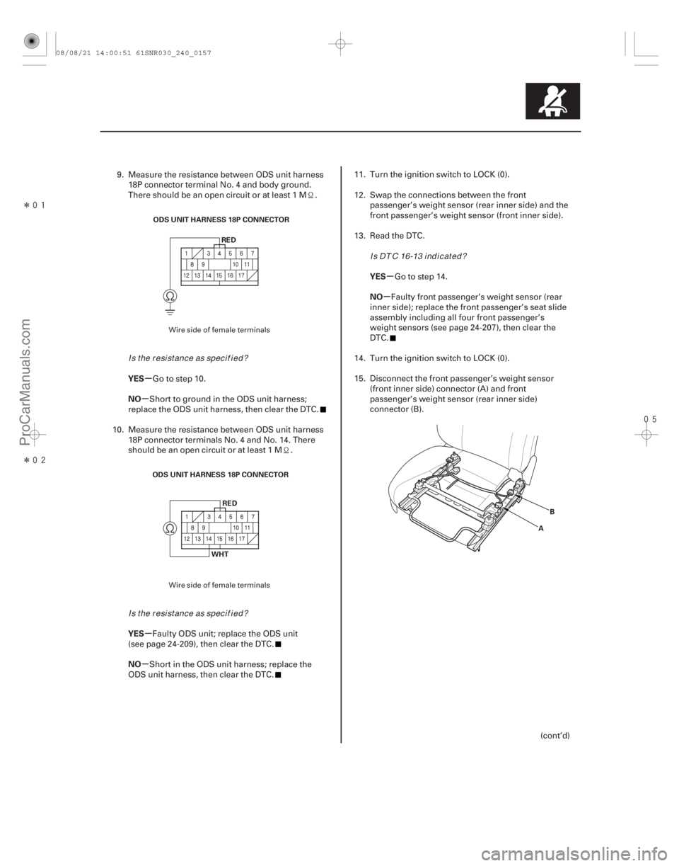 ACURA CSX 2006 Service Repair Manual Î
Î
µ
µ
µ
µ µ
µ
YES
NO
YES
NO YES
NO
24-157
ODS UNIT HARNESS 18P CONNECTOR
RED
ODS UNIT HARNESS 18P CONNECTOR RED
WHT A
B
9. Measure the resistance between ODS unit harness ACURA CSX 2006 Service Repair Manual Î
Î
µ
µ
µ
µ µ
µ
YES
NO
YES
NO YES
NO
24-157
ODS UNIT HARNESS 18P CONNECTOR
RED
ODS UNIT HARNESS 18P CONNECTOR RED
WHT A
B
9. Measure the resistance between ODS unit harness