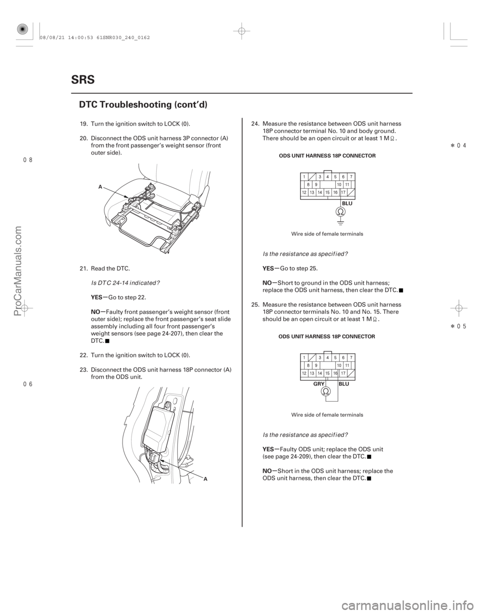 ACURA CSX 2006 Service Repair Manual
Î
Î
µ
µ µ
µ
µ
µ
YES
NO
YES
NO
YES
NO
24-162SRS
DTC Troubleshooting (cont’d)
A
AODS UNIT HARNESS 18P CONNECTOR
BLU
ODS UNIT HARNESS 18P CONNECTOR GRY BLU
19. Turn the ACURA CSX 2006 Service Repair Manual
Î
Î
µ
µ µ
µ
µ
µ
YES
NO
YES
NO
YES
NO
24-162SRS
DTC Troubleshooting (cont’d)
A
AODS UNIT HARNESS 18P CONNECTOR
BLU
ODS UNIT HARNESS 18P CONNECTOR GRY BLU
19. Turn the