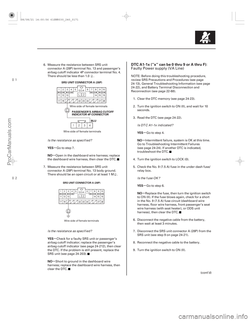 ACURA CSX 2006 Service Repair Manual
(#
-)
µ
µ
µ
µ µ
µ
µ
µ
YES
NO
YES
NO YES
NO
YES
NO
DTC A1-1x (‘‘x’’ can be 0 thru 9 or A thru F):
24-17124-171
SRS UNIT CO ACURA CSX 2006 Service Repair Manual
(#
-)
µ
µ
µ
µ µ
µ
µ
µ
YES
NO
YES
NO YES
NO
YES
NO
DTC A1-1x (‘‘x’’ can be 0 thru 9 or A thru F):
24-17124-171
SRS UNIT CO