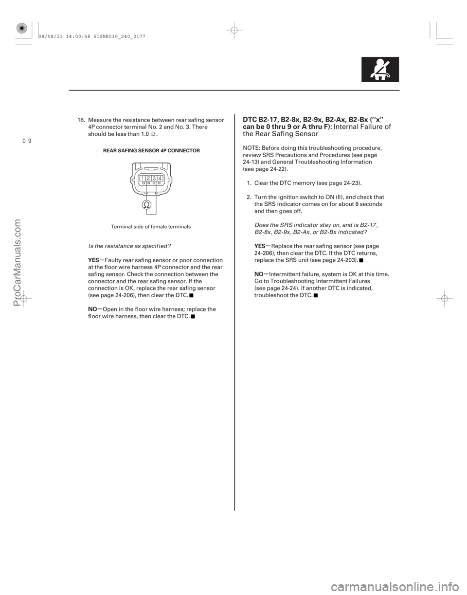 ACURA CSX 2006 Service Repair Manual
(#
)
µ
µ µ
µ
YES
NO YES
NO
DTC B2-17, B2-8x, B2-9x, B2-Ax, B2-Bx (‘‘x’’
can be 0 thru 9 or A thru F):
24-17724-177
REAR SAFING SENSOR ACURA CSX 2006 Service Repair Manual
(#
)
µ
µ µ
µ
YES
NO YES
NO
DTC B2-17, B2-8x, B2-9x, B2-Ax, B2-Bx (‘‘x’’
can be 0 thru 9 or A thru F):
24-17724-177
REAR SAFING SENSOR
