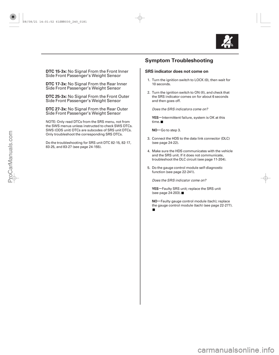 ACURA CSX 2006 Service Repair Manual (#
-)
(#
)
µ
µ
µ
µ
DTC 15-3x:
DTC 17-3x:
DTC 25-3x:
DTC 27-3x: SRS indicator does not come on
YES
NO
YE ACURA CSX 2006 Service Repair Manual (#
-)
(#
)
µ
µ
µ
µ
DTC 15-3x:
DTC 17-3x:
DTC 25-3x:
DTC 27-3x: SRS indicator does not come on
YES
NO
YE